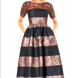 KAY UNGER  Alexis Striped Short-sleeve Mikado Ball Gown W/ Lace Champagne/ Black